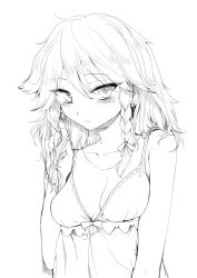 Rule 34 | 1girl, blush, braid, breasts, commentary request, dress, female focus, geppewi, grey background, greyscale, hair between eyes, hair ribbon, hand in own hair, izayoi sakuya, jewelry, long hair, looking at viewer, monochrome, necklace, ribbon, simple background, small breasts, solo, touhou, tress ribbon, upper body, white background