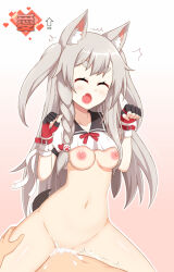 Rule 34 | 1girl, animal ear fluff, animal ears, azur lane, bottomless, breasts, claw pose, closed eyes, clothes lift, cowgirl position, crop top, cum, cum in pussy, cum overflow, deep penetration, fingerless gloves, girl on top, gloves, grey hair, highres, long hair, medium breasts, nail polish, ohno, open mouth, ribbon, sex, shirt lift, straddling, tail, wolf ears, wolf girl, wolf tail, yuudachi (azur lane)