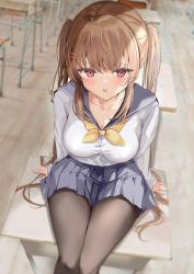 Rule 34 | 1girl, :o, arm support, black pantyhose, blue sailor collar, blue skirt, blush, breasts, brown hair, classroom, cleavage, commentary request, day, desk, from above, hair intakes, hair ornament, hairclip, indoors, large breasts, long hair, long sleeves, melonbooks, miniskirt, neckerchief, on desk, open mouth, original, paid reward available, pantyhose, pleated skirt, pon (ponidrop), raised eyebrows, red eyes, sailor collar, school desk, school uniform, serafuku, shirt, shirt tucked in, sidelocks, sitting, skirt, taut clothes, taut shirt, thighs, twintails, very long hair, white shirt, yellow neckerchief