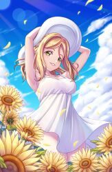 Rule 34 | 1girl, armpits, arms up, blonde hair, blown petals, breasts, cloud, commentary, day, dress, flower, grin, hat, highres, lens flare, long hair, looking at viewer, love live!, love live! sunshine!!, medium breasts, ohara mari, outdoors, short dress, single bang, smile, solo, sun hat, sundress, sunflower, sunlight, tareme, tsukimi seiya, white dress, white hat, wind, yellow eyes