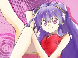 Rule 34 | 1girl, :3, arm up, arms behind head, bad id, bad pixiv id, bare shoulders, beads, china dress, chinese clothes, double bun, dress, hair ornament, leg up, long hair, looking at viewer, nkoooch, pink eyes, purple hair, ranma 1/2, red dress, shampoo (ranma 1/2), sleeveless, sleeveless dress, smile, solo