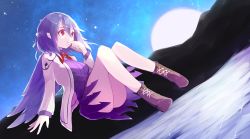 Rule 34 | 1girl, ass, backlighting, boots, bow, braid, breasts, brooch, brown footwear, brown jacket, chiroru (cheese-roll), dress, finger to mouth, floating, french braid, full moon, grey wings, hair between eyes, highres, jacket, jewelry, kishin sagume, legs, legs up, long sleeves, looking afar, moon, moonlight, mountain, night, night sky, perspective, purple dress, red eyes, reflection, shooting star, short dress, short hair, silhouette, single wing, sky, solo, star (sky), thighs, touhou, upskirt, water, wind, wings