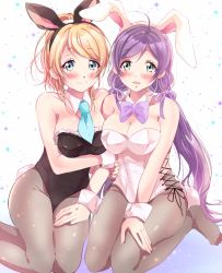 Rule 34 | 10s, 2girls, animal ears, arihara (arhr0), ayase eli, bare shoulders, blonde hair, blue eyes, blush, bow, bowtie, breasts, cleavage, detached collar, fake animal ears, frills, green eyes, large breasts, long hair, looking at viewer, love live!, love live! school idol project, multiple girls, necktie, open mouth, pantyhose, playboy bunny, ponytail, purple hair, rabbit ears, rabbit tail, simple background, sitting, smile, tail, tojo nozomi, twintails, wrist cuffs