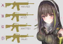 Rule 34 | 1girl, absurdres, bandana, bare shoulders, blush, brown eyes, brown hair, colt commando, girls&#039; frontline, green hair, grey background, gun, headset, heart, highres, long hair, m4a1 (girls&#039; frontline), martinreaction, multicolored hair, quiz, ribbed sweater, rifle, simple background, sleeveless, sleeveless sweater, smile, solo, streaked hair, sweater, two-tone hair, weapon