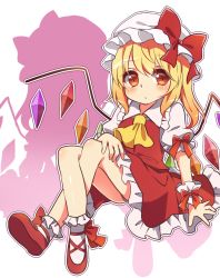 Rule 34 | 1girl, ascot, blonde hair, blush, bow, flandre scarlet, hat, hat bow, red eyes, side ponytail, solo, touhou, wings, wrist cuffs, yuria (kittyluv)