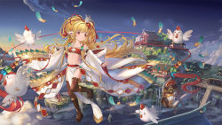 Rule 34 | 1girl, animal ears, bandeau, beads, bird, black thighhighs, brown eyes, brown hair, building, chicken, cloud, commentary request, detached sleeves, feathers, flat chest, floating island, flying, gold trim, granblue fantasy, hair beads, hair ornament, highres, huanghyy, loincloth, long hair, mahira (granblue fantasy), midriff, navel, open mouth, outdoors, outstretched arms, panties, ponytail, red panties, rope, sandals, showgirl skirt, sky, thighhighs, underwear