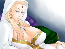 Rule 34 | 1girl, arslan senki, artist name, blonde hair, blue background, blue eyes, breasts, cleavage, dress, earrings, facial mark, female focus, forehead mark, gradient background, hood, huge breasts, jewelry, large breasts, lips, long hair, looking at viewer, mature female, mizusawa nodoka, necklace, pillow, plump, solo, tahamine, thighhighs