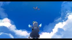 Rule 34 | 1girl, amane kanata, angel wings, armband, back, black skirt, blue hair, blue sky, brooch, cloud, cloudy sky, commentary, cowboy shot, english commentary, flying, from behind, grey jacket, halo, highres, holding, holding jewelry, hololive, jacket, jewelry, kiryu coco (dragon), letterboxed, miniskirt, multicolored hair, pink hair, sailor collar, short hair, shuuzo3, silver hair, skirt, sky, star halo, streaked hair, virtual youtuber, wings