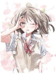 Rule 34 | 1girl, arm up, bow, bowtie, brown sweater vest, collared shirt, commentary, green eyes, grey hair, highres, looking at viewer, loose bowtie, medium hair, ok sign, ok sign over eye, one eye closed, open collar, original, parted lips, petals, red bow, red bowtie, saitou shiori (pixiv14549321), shirt, short hair, simple background, solo, sweater vest, upper body, white background, white shirt, wind