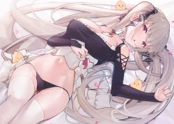 Rule 34 | 1girl, :o, absurdres, asla yu, azur lane, baozi, bed sheet, between breasts, bird, black panties, blunt bangs, blush, breasts, chick, cleavage, clothing cutout, commentary, detached collar, dutch angle, food, foot out of frame, formidable (azur lane), frills, gem, hair ornament, hair ribbon, half-closed eyes, hand on own stomach, highres, jewelry, large breasts, long hair, long sleeves, looking at viewer, lying, manjuu (azur lane), navel, necktie, on back, on bed, open mouth, panties, parted lips, petals, purple eyes, red eyes, revision, ribbon, shoulder cutout, silver hair, skindentation, solo, stomach, thighhighs, thighs, thong, twintails, underwear, very long hair, white thighhighs