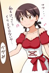Rule 34 | 1girl, bare shoulders, black ribbon, blush, bow, breasts, brown eyes, brown hair, cleavage, detached sleeves, dirndl, dress, frills, german clothes, gertrud barkhorn, hair ribbon, highres, long hair, masaki (damekana), masaki damekana, musical note, official alternate costume, puffy short sleeves, puffy sleeves, red bow, ribbon, short sleeves, solo, strike witches, translated, wavy mouth, world witches series