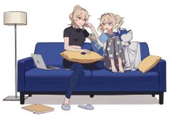 Rule 34 | 2girls, barbara (genshin impact), barefoot, blonde hair, breasts, casual, cellphone, computer, couch, crop top, genshin impact, holding, holding phone, jean (genshin impact), k young03, lamp, laptop, long hair, long sleeves, multiple girls, open mouth, pants, phone, ponytail, shirt, short sleeves, siblings, sidelocks, simple background, sisters, sitting, slippers, smartphone, star (symbol), star print, stuffed animal, stuffed toy, stuffed wolf, twintails, white background