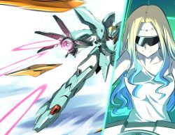 Rule 34 | 1girl, arm cannon, blonde hair, blue hair, clenched hand, colored tips, commentary, firing, funnels (gundam), green eyes, gundam, gundam build divers, gundam build divers re:rise, highres, ishiyumi, looking ahead, mecha, multicolored hair, name connection, open hand, original, robot, smile, sunglasses, weapon