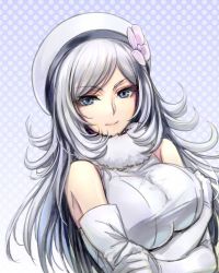 Rule 34 | 10s, 1girl, aila jyrkiainen, blue eyes, breast lift, breasts, elbow gloves, fur trim, gloves, gundam, gundam build fighters, hat, large breasts, long hair, looking at viewer, shinmai (kyata), silver hair, solo, taut clothes, white gloves