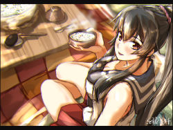 Rule 34 | 1girl, black hair, black necktie, black sailor collar, blush, bowl, commentary request, from side, hair between eyes, highres, holding, kantai collection, long hair, looking at viewer, necktie, open mouth, pink scrunchie, pleated skirt, ponytail, red skirt, rice, rice bowl, sailor collar, school uniform, scrunchie, seitei (04seitei), serafuku, shirt, sitting, skirt, smile, solo, spoon, spring onion, steam, table, twitter username, uniform, white shirt, yahagi (kancolle)