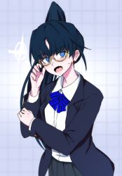 Rule 34 | 1girl, ado (utaite), bespectacled, black jacket, blue bow, blue bowtie, blue eyes, blue hair, blush, bow, bowtie, collared shirt, commentary request, cowboy shot, dress shirt, earclip, fang, glasses, grey skirt, hair between eyes, jacket, long hair, long sleeves, looking at viewer, naima (ado), ohiyaglass, open clothes, open jacket, open mouth, pleated skirt, school uniform, shirt, skin fang, skirt, solo, usseewa, white shirt
