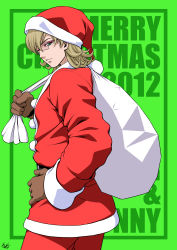Rule 34 | 10s, 1boy, 2012, absurdres, barnaby brooks jr., blonde hair, brown gloves, christmas, gloves, green eyes, hand on own hip, hat, highres, male focus, merry christmas, one eye closed, sack, santa costume, santa hat, signature, solo, tiger &amp; bunny, wink, yama-michi