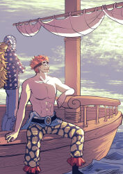 Rule 34 | 2boys, abs, absurdres, blonde hair, boat, commentary request, crossed arms, eustass kid, goggles, goggles on head, highres, hockey mask, killer (one piece), long hair, long sleeves, male focus, mask, multiple boys, ocean, one piece, ororor51, outdoors, red hair, shirt, short hair, smile, standing, teeth, topless male, water, watercraft