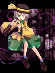 Rule 34 | 1girl, bad id, bad pixiv id, black footwear, black hat, bow, buttons, child, diamond button, female focus, frilled sleeves, frills, green eyes, green skirt, grey hair, hat, hat ribbon, heart, heart hands, heart of string, komeiji koishi, one eye closed, open mouth, popo (0kyono0), ribbon, shirt, shoes, short hair, skirt, solo, touhou, wink, yellow bow, yellow ribbon, yellow shirt