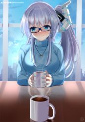 Rule 34 | 1girl, alternate costume, alternate hairstyle, blue eyes, blue hair, blue nails, blue sweater, blush, breasts, closed mouth, commentary request, cup, day, earrings, embarrassed, glasses, hair between eyes, helvetica std, highres, holding, holding cup, horns, hot drink, indoors, jewelry, kiseijou rei, large breasts, long hair, looking at viewer, nail polish, necklace, neptune (series), patreon username, reflection, side ponytail, single horn, skull earrings, skull necklace, solo, sweater, turtleneck, turtleneck sweater, upper body