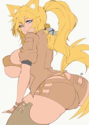 Rule 34 | 1girl, animal ears, ass, back, blonde hair, bra, breasts, cameltoe, cleft of venus, delux drawings, eyelashes, hair between eyes, hair ornament, huge ass, huge breasts, jacket, long hair, looking at viewer, looking back, military, military jacket, military uniform, nipples visible through clothes, on floor, original, ponytail, seductive smile, shirt, short shorts, shorts, sideboob, simple background, smile, solo, tail, thick thighs, thighhighs, thighs, tight clothes, tight shirt, undershirt, underwear, uniform, whale tail (clothing), white background, wolf ears, wolf girl, wolf tail