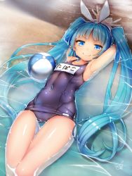 Rule 34 | 1girl, armpits, arms behind head, ball, beach, beachball, blue hair, closed mouth, commentary request, covered navel, double v, doyouwantto, hair ribbon, long hair, looking at viewer, lying, nipako, ribbon, school swimsuit, signature, smile, solo, swimsuit, translated, twintails, ultimate nipper, v, water, white ribbon
