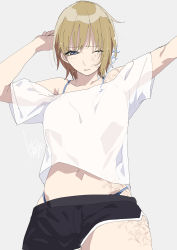 1girl, absurdres, apex legends, black shorts, blonde hair, bra strap, breasts, clenched hand, grey background, highres, lichtenberg figure, looking at viewer, mashiro (rikuya), medium breasts, navel, off-shoulder shirt, off shoulder, one eye closed, parted lips, scar on arm, scar on leg, scar on stomach, shirt, short hair, shorts, sketch, solo, star on cheek, stretch, wattson (apex legends), white shirt