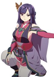 Rule 34 | 1girl, blush, breasts, butterfly hair ornament, cleavage, detached sleeves, eyelashes, hahawaho, hair ornament, japanese clothes, kimono, kneeling, lips, lipstick, long bangs, long hair, makeup, mole, mole under mouth, nouhime, nouhime (sengoku musou), obi, purple eyes, purple hair, sash, sengoku musou, shiny skin, sideboob, swept bangs, thighhighs, thighs, white thighhighs