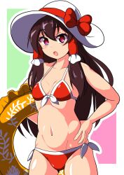 Rule 34 | 1girl, bikini, bow, breasts, brown hair, cleavage, commentary request, cowboy shot, groin, hair tubes, hakurei reimu, hand on own hip, hat, hat bow, highres, innertube, long hair, looking at viewer, medium breasts, navel, nioti, open mouth, outline, pink eyes, red bikini, red bow, sidelocks, solo, standing, swim ring, swimsuit, touhou, white hat, white outline