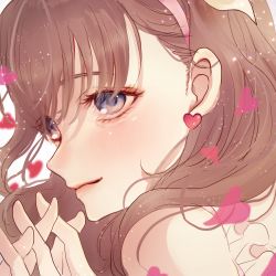 Rule 34 | 1girl, blush, brown hair, earrings, eyelashes, glint, hair ornament, hairband, hands up, head, heart, heart earrings, heart print, idolmaster, idolmaster cinderella girls, jewelry, lipgloss, looking away, looking to the side, own hands clasped, own hands together, peach punch, portrait, sakuma mayu, simple background, smile, solo, white background