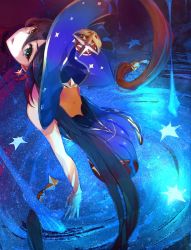 Rule 34 | 1girl, ass, blue hat, blue leotard, earrings, genshin impact, green eyes, hat, hat ornament, jewelry, leotard, mona (genshin impact), okura shito, partially submerged, smile, solo, star (symbol), star earrings, star hat ornament, twintails, water, witch hat