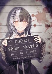 Rule 34 | 1girl, absurdres, black nails, ch13, gloves, highres, holoadvent, hololive, hololive english, multicolored hair, shiori novella, shiori novella (1st costume), solo, striped clothes, striped gloves, virtual youtuber