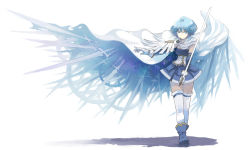 Rule 34 | 10s, 1girl, ankle boots, arm up, blue eyes, blue hair, boots, cape, detached sleeves, elbow gloves, epaulettes, fastener, frills, gloves, imoman, looking at viewer, magical girl, mahou shoujo madoka magica, mahou shoujo madoka magica (anime), matching hair/eyes, miki sayaka, miniskirt, multiple swords, pleated skirt, serious, shirt, short hair, simple background, skirt, sleeveless, sleeveless shirt, solo, sword, thighhighs, too many, too many weapons, walking, weapon, white background, white gloves, white thighhighs, zettai ryouiki