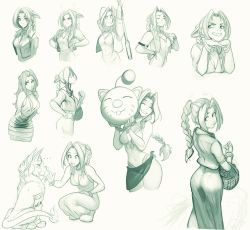 Rule 34 | 1girl, absurdres, aerith gainsborough, animal, ball, basket, beachball, bikini, bracelet, braid, braided ponytail, breasts, cleavage, closed eyes, dress, final fantasy, final fantasy vii, full body, hands on own hips, highres, holding, jacket, jewelry, long hair, looking at viewer, looking back, medium breasts, multiple views, navel, open clothes, open jacket, parted bangs, parted lips, ponytail, raichiyo33, red xiii, simple background, single braid, sketch, smile, squatting, staff, stomach, swimsuit