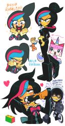 Rule 34 | 1girl, 2boys, alternate costume, animification, bad cop/good cop, black hair, blue eyes, blush stickers, boots, breasts, cleavage, colored skin, crying, emmet brickowski, folding fan, gashi-gashi, hair over one eye, hand fan, heart, heart in mouth, helmet, highres, hood, hoodie, lego, lego brick, midriff, multicolored hair, multiple boys, personification, police, police uniform, policeman, princess unikitty, sparkle, streaked hair, the lego group, the lego movie, translation request, uniform, wyldstyle, yellow skin