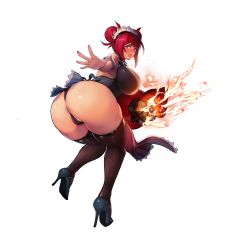 Rule 34 | 1girl, anus, anus peek, ass, bare shoulders, bent over, blue eyes, blush, breasts, cameltoe, curvy, detached collar, feet, fire, fotia of fireside, fotia of fireside (last origin), from behind, full body, game cg, groin, hair bun, high heels, highres, huge ass, huge breasts, last origin, legs, legs together, looking at viewer, looking back, magic, maid, maid headdress, official art, open mouth, outstretched arm, panties, partially visible vulva, pussy, red hair, sideboob, sima (startwitch), single hair bun, solo, source request, standing, tachi-e, thick thighs, thighhighs, thighs, third-party edit, transparent background, underwear, weapon, wide hips