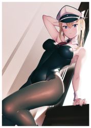 Rule 34 | 1girl, absurdres, armpits, black leotard, black pantyhose, blonde hair, blush, border, breasts, commentary request, cross, eight tohyama, eyelashes, fingernails, graf zeppelin (kancolle), hair between eyes, hat, highres, indoors, iron cross, kantai collection, leotard, long hair, looking at viewer, pantyhose, peaked cap, playboy bunny, sidelocks, solo, strapless, strapless leotard, thighs, twintails, white border, wrist cuffs