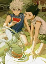 Rule 34 | 2boys, black hair, blue eyes, boombox, bug, cassette tape, electric fan, food, fruit, gon freecss, green shorts, highres, holding, holding food, hunter x hunter, indoors, insect wings, killua zoldyck, male focus, messy, messy room, multiple boys, on floor, plate, shirt, short hair, short sleeves, shorts, spiked hair, stereo, tape, to e, watermelon, white hair, wings