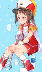 Rule 34 | 1girl, blue background, blush, boots, bottle, brand name imitation, brown eyes, brown hair, capelet, closed mouth, commentary request, epaulettes, gloves, gomennasai, hat, highres, holding, knees together feet apart, looking away, original, pleated skirt, pocari sweat, red footwear, red hat, red shirt, red skirt, shako cap, shirt, sitting, skirt, sleeveless, sleeveless shirt, socks, solo, sweat, translation request, water bottle, wavy mouth, white capelet, white gloves, white socks