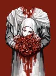 Rule 34 | 1boy, abiocube, blood, bouquet, decapitation, elden ring, flower, male focus, mask, monochrome, red background, red flower, red rose, red theme, rose, solo, standing, tabard, veil, white-faced varre