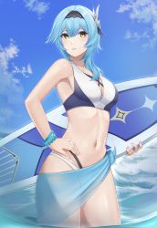 Rule 34 | 1girl, bare arms, bare shoulders, bikini, black hairband, blue hair, blue sky, blush, bracelet, breasts, cleavage, cloud, commentary request, cowboy shot, crop top, day, eula (genshin impact), genshin impact, hair between eyes, hair ornament, hairband, hand on own hip, highres, holding, holding surfboard, jewelry, kyogree, large breasts, long hair, looking at viewer, navel, parted lips, sarong, sky, solo, standing, stomach, surfboard, swimsuit, thick thighs, thighs, wading, water, yellow eyes