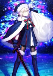Rule 34 | 1girl, artoria pendragon (all), artoria pendragon (fate), bag, black footwear, black pantyhose, blonde hair, blue eyes, blue gloves, boots, christmas tree, fate/grand order, fate (series), fur-trimmed boots, fur boots, fur trim, gloves, hat, holding, holding bag, holding sword, holding weapon, long hair, looking at viewer, official art, pantyhose, resized, saber (fate), saber alter, santa alter, santa hat, short hair, solo, sword, takeuchi takashi, thigh boots, thighhighs, upscaled, waifu2x, weapon, yellow eyes