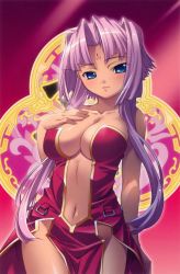 Rule 34 | 1girl, absurdres, bare shoulders, blue eyes, blush, breasts, card, center opening, china dress, chinese clothes, cleavage, dark skin, dark-skinned female, dress, facial mark, female focus, forehead mark, hand on own chest, highres, hikage eiji, koihime musou, large breasts, long hair, looking at viewer, navel, pink hair, short hair, side slit, smile, solo, sonken, strapless, strapless dress