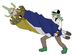 Rule 34 | 2boys, baseball cap, black eyes, black headwear, blonde hair, bracelet, brown footwear, brown pants, carrying, cloak, closed mouth, collared shirt, creatures (company), eyepatch, father and son, forehead, full body, game freak, ghetsis (pokemon), green footwear, green hair, grey legwear, hair over one eye, half-closed eyes, hat, highres, iki (4sarabyebye), jewelry, long hair, long sleeves, male focus, multiple boys, n (pokemon), nintendo, pants, pokemon, pokemon bw, red eyes, shirt, shoes, simple background, standing, undershirt, white shirt