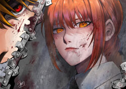 Rule 34 | 1boy, 1girl, absurdres, asarizer, blonde hair, blood, blood on face, braid, braided ponytail, chainsaw, chainsaw man, clenched teeth, commentary, denji (chainsaw man), frown, highres, makima (chainsaw man), orange eyes, red eyes, red hair, reflection, sharp teeth, sidelocks, signature, single braid, teeth