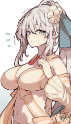Rule 34 | 1girl, beni shake, bikini, bow, breasts, cleavage, detached sleeves, fate/grand order, fate (series), flower, grey eyes, grey hair, hair bow, hair flower, hair ornament, hand up, large breasts, looking at viewer, morgan le fay (fate), morgan le fay (water princess) (fate), notice lines, sidelocks, signature, simple background, solo, swimsuit, upper body, white background, yellow bikini, yellow sleeves