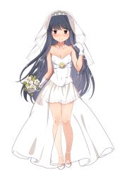 Rule 34 | 1girl, blue hair, blush, bouquet, breasts, bridal gauntlets, bridal veil, bride, cleavage, collarbone, commentary, dress, flower, high heels, highres, hotaru iori, implied yuri, long hair, looking to the side, purple eyes, second-party source, see-through, shima rin, shoes, small breasts, solo, veil, very long hair, wedding dress, yurucamp