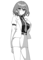 Rule 34 | 1girl, bare legs, belt, blazer, breasts, collared shirt, cowboy shot, expressionless, formal, greyscale, hand on own chest, horikawa raiko, jacket, large breasts, long sleeves, looking at viewer, monochrome, necktie, onkn sxkn, open clothes, open jacket, pencil skirt, plaid, plaid shirt, shirt, short hair, skirt, sleeve garter, solo, suit, suit jacket, touhou