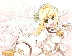 Rule 34 | 10s, 1girl, ahoge, blonde hair, bodysuit, breasts, fate/extra, fate/extra ccc, fate (series), green eyes, hair intakes, lock, mei (mochimon), mochimon, nero claudius (bride) (fate), nero claudius (fate), nero claudius (fate) (all), padlock, solo, veil