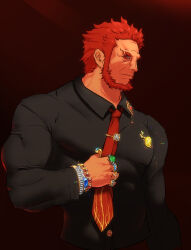 Rule 34 | 1boy, absurdres, alternate costume, artist request, bara, beard, black shirt, collared shirt, cropped torso, facial hair, fate/grand order, fate (series), formal, highres, iskandar (fate), jewelry, large pectorals, looking at viewer, male focus, mature male, medal, multiple rings, muscular, muscular male, necktie, necktie grab, neckwear grab, pectorals, red eyes, red hair, red necktie, ring, shirt, short hair, sideways glance, solo, thick eyebrows, tight clothes, tight shirt